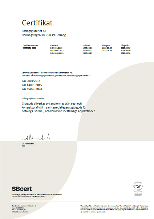 Certifikat Roslagsgjuteriet ISO-9001, 14001, 45001