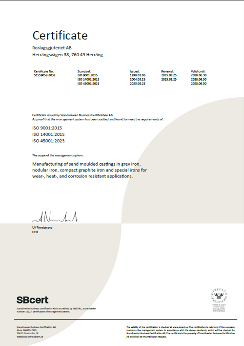 Certificate Roslagsgjuteriet ISO-9001, 14001, 45001