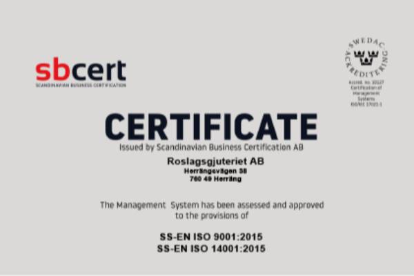  ISO Quality, Certificate, Roslagsgjuteriet. 