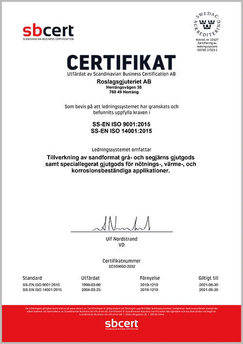 Certifications - Roslagsgjuteriet 2019