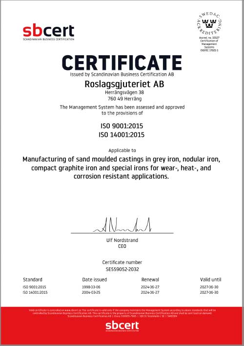 Certificate ISO - Roslagsgjuteriet 2027 Certificate ISO - Roslagsgjuteriet 2027